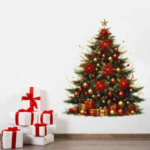 Christmas tree wall sticker with red poinsettia and gift boxes for festive home decor