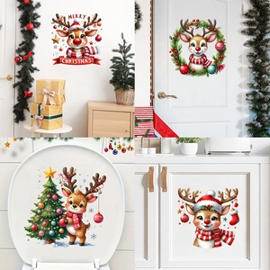 Christmas Cartoon Reindeer Wreath Wall Sticker Waterproof PVC Self Adhesive Decal For Living Room Bedroom Toilet Decoration