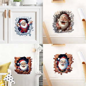 3D Visueel Effect Kerstmis Kerstman Gebroken Muur Sticker Waterdicht PVC Zelfklevend Muursticker Voor Woonkamer Huisdecoratie
