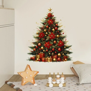 Detailed Christmas tree wall decal with red poinsettia and gift boxes on white wall