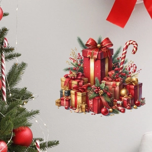 Detailed Christmas wall stickers showing colorful gift boxes with pine needles and berries
