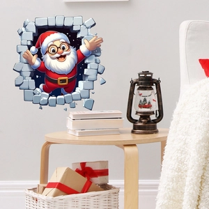 3D muursticker met een kerstman die door een bakstenen muur breekt voor woondecoratie