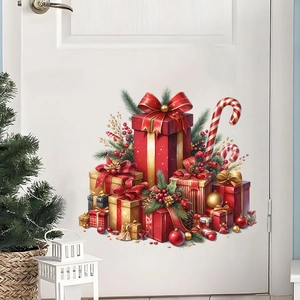 Christmas Gift Box Wall Stickers PVC Waterproof Removable Decals Red Gold Pattern For Living Room Bedroom Holiday Home Decor