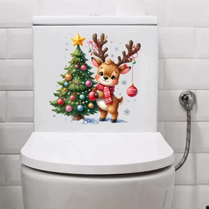 Detailed view of Christmas reindeer and festive tree decal applied on a toilet tank