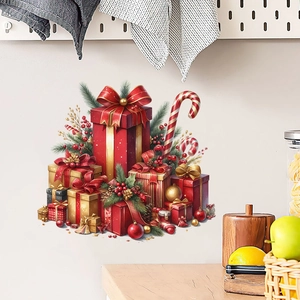 Christmas wall decal with red and gold gift boxes and pine needles on a white wall decor