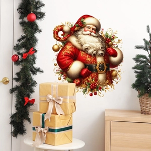 Detail of vintage Santa Claus wall sticker with gold embroidery on white room wall decor