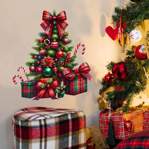 Christmas tree wall sticker with gifts and candy canes on light background scene