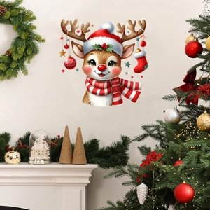 Cartoon Christmas reindeer wall sticker with festive hat and scarf on home interior wall