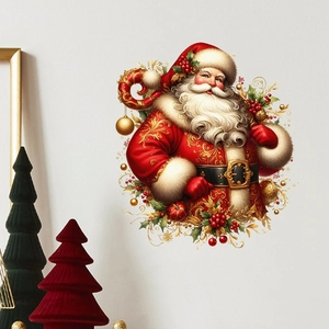 Vintage Santa Claus wall sticker with holly and golden bells for Christmas decor