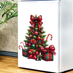 Christmas tree wall sticker with red bow and gift boxes on a white refrigerator surface