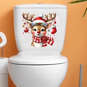 Close-up of a festive Christmas reindeer decal applied on a white ceramic toilet tank