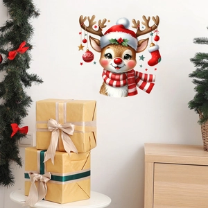 Detailed Christmas reindeer wall decal with festive ornaments on a white interior wall