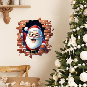 Gedetailleerde 3D kerstmuursticker met de Kerstman die uit een rode bakstenen muur komt
