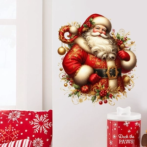 Festive Santa Claus wall sticker with gold patterns and gift bag for Christmas decor