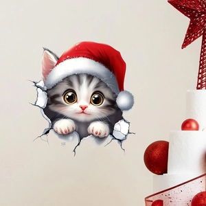 Detailed 3D wall sticker featuring a cute Christmas cat peeking through a wall crack