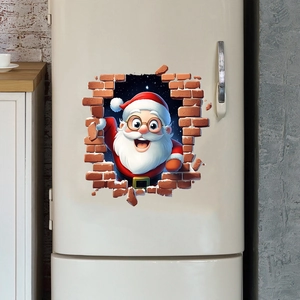 Detail van 3D Kerstman muursticker op koelkast met realistisch gebroken muureffect