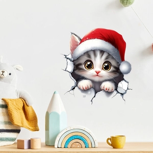 3D wall decal featuring a cute Christmas cat breaking through wall for home decor