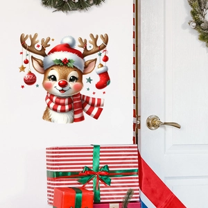 Close-up of Christmas reindeer wall sticker with festive hat and stars on white wall