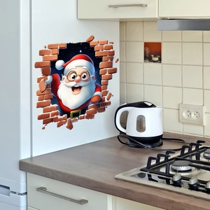 Detail van een 3D Kerstman muursticker met muurdoorbraak-effect op een koelkastoppervlak