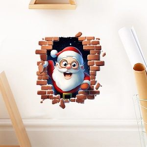 Detail van 3D Kerstman die door een bakstenen muur kijkt voor feestelijke sticker