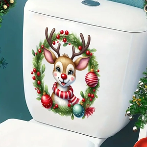 Close-up of a festive cartoon reindeer wreath sticker applied on a white surface