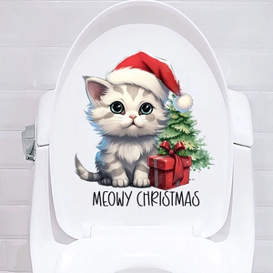 Christmas Cat Wall Sticker PVC Waterproof Removable Decal For Bathroom Living Room Festive Meowy Christmas Home Decor