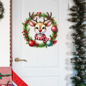 Close-up of Christmas wreath wall sticker with cute reindeer and festive decorations