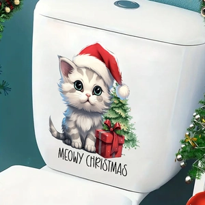 Self-adhesive Christmas cat and pine tree wall sticker with Meowy Christmas text