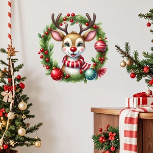 Christmas reindeer wreath wall sticker with festive pine needles and red berries on a wall
