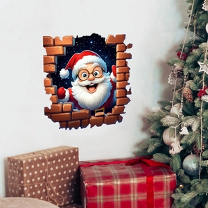 Gedetailleerde 3D muursticker van de Kerstman die door een bakstenen muur heen breekt
