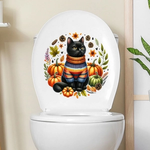 Close-up of a black cat in a sweater with autumn pumpkins on a waterproof wall sticker