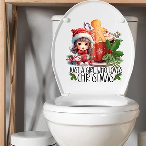 Detail of Christmas wall sticker with cartoon girl and gingerbread man on toilet lid