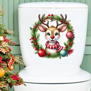 Detailed view of cartoon Christmas reindeer wreath sticker on a white surface background