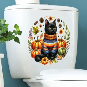 Detail of waterproof wall sticker featuring a cute cat in sweater with autumn pumpkins