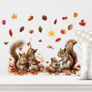 Autumn themed squirrel and maple leaf self-adhesive wall stickers for cozy living room decor