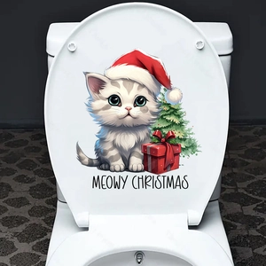 Christmas cat wall sticker showing festive kitten and Meowy Christmas text on a toilet lid
