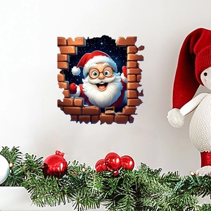 3D Kerst muursticker met Kerstman die door een gebroken bakstenen muureffect kijkt