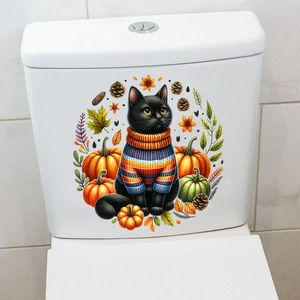 Detail of cute cat and pumpkin waterproof wall sticker applied on white toilet tank