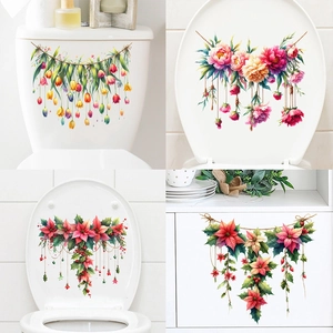 Adesivo per Coperchio del Water in PVC Impermeabile Floreale Decalcomania da Parete Rimovibile per Bagno Acquerello Peonia Tulipano Poinsettia