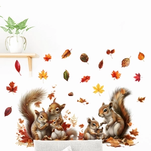 Self-adhesive squirrel and maple leaf wall stickers for cozy living room decoration