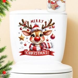 Detail of a cartoon reindeer Christmas toilet sticker on a white seat cover