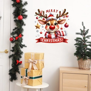 Detail of cartoon Christmas reindeer wall sticker with Merry Christmas ribbon on white wall
