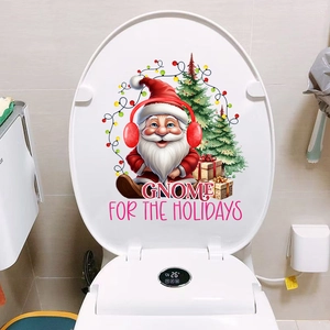 Christmas Gnome wall sticker featuring festive trees and gifts on a white toilet lid