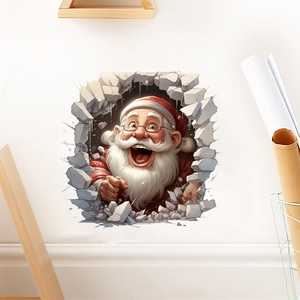 Detail van de 3D-kerstman muursticker die door een witte muur breekt voor decoratie