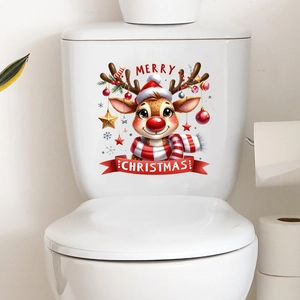 Detail of cartoon Christmas reindeer wall sticker with Merry Christmas text on toilet tank