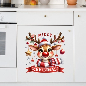 Detailed view of Merry Christmas cartoon reindeer wall sticker on white kitchen cabinet