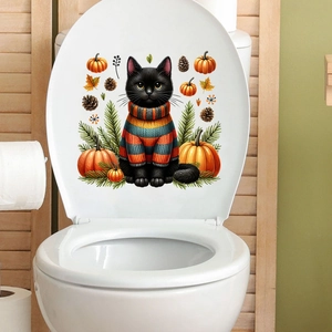 Detail of cat and pumpkin autumn leaves waterproof self-adhesive toilet seat sticker