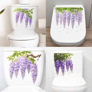Purple Wisteria Flower Toilet Decoration Stickers Waterproof PVC Self-Adhesive Wall Decals For Bathroom Home Decor Removable Flower Stickers