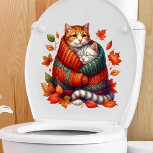 Detail of cute cats in sweaters with maple leaves waterproof toilet lid decal