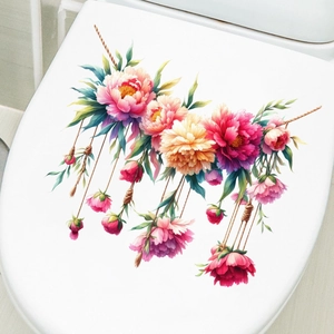 Dettaglio di adesivo murale floreale impermeabile in PVC con corde su coperchio WC bianco
